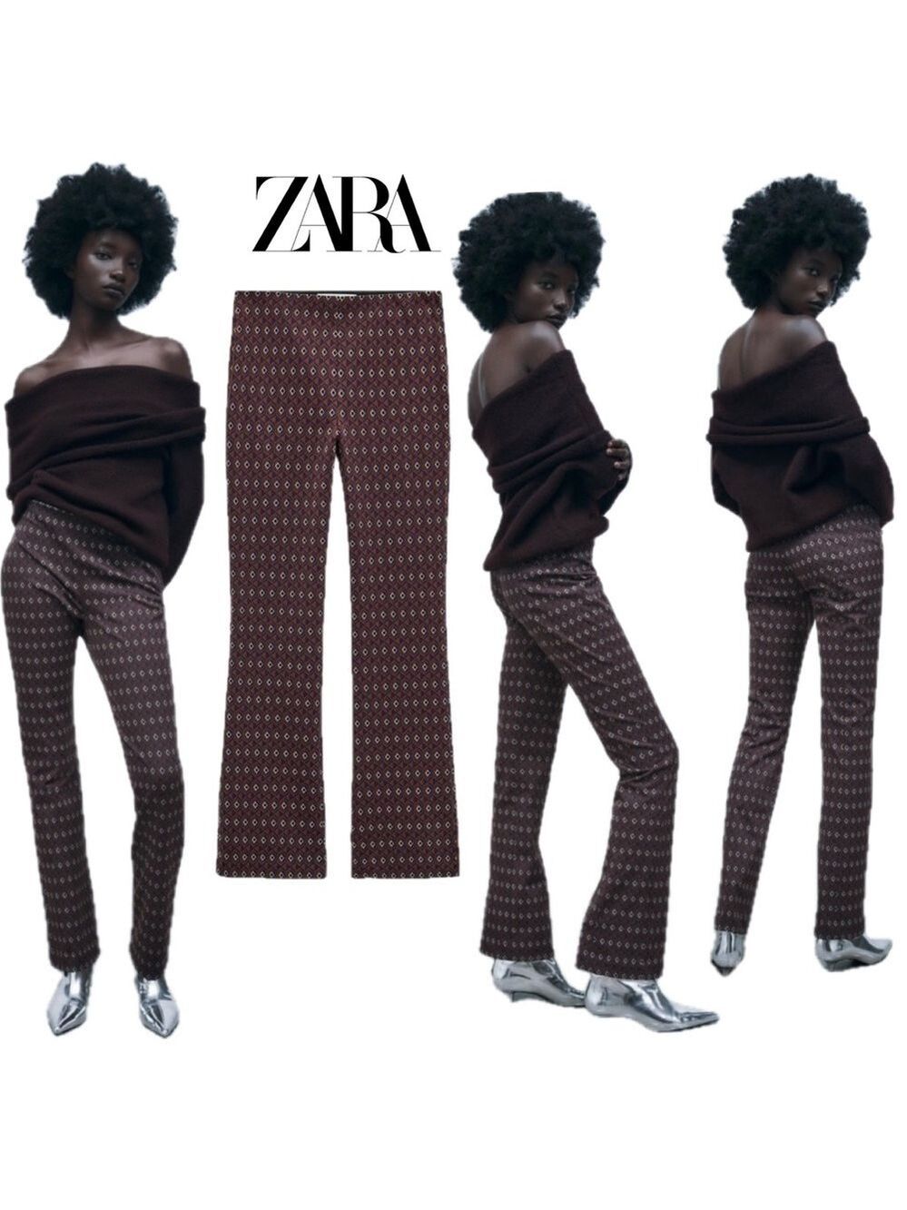 Zara Jacquard geometric print pants brown purple Sz M retro 70’s 80’s hippie